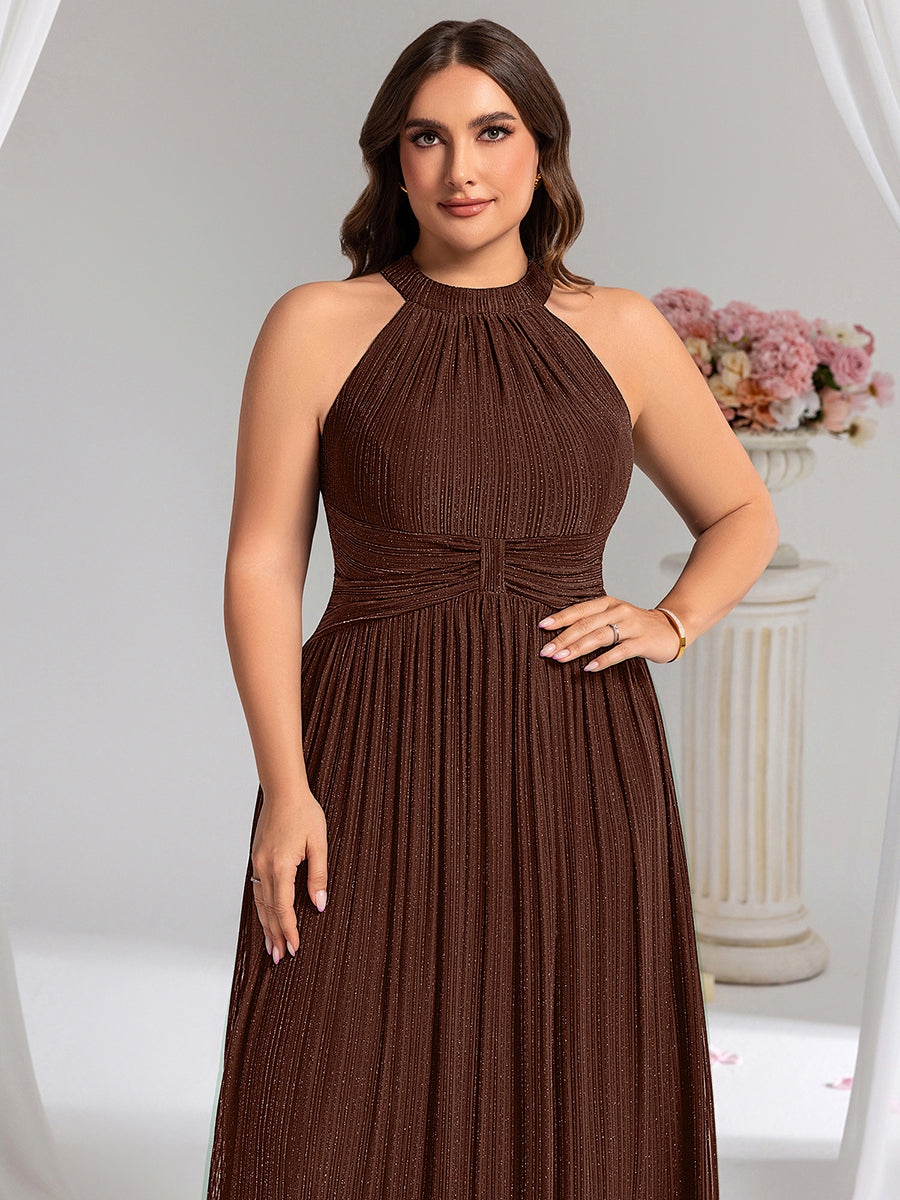 Halter Neck Pleated Glittery Formal Evening Dress with Empire Waist #color_Chocolate Brown