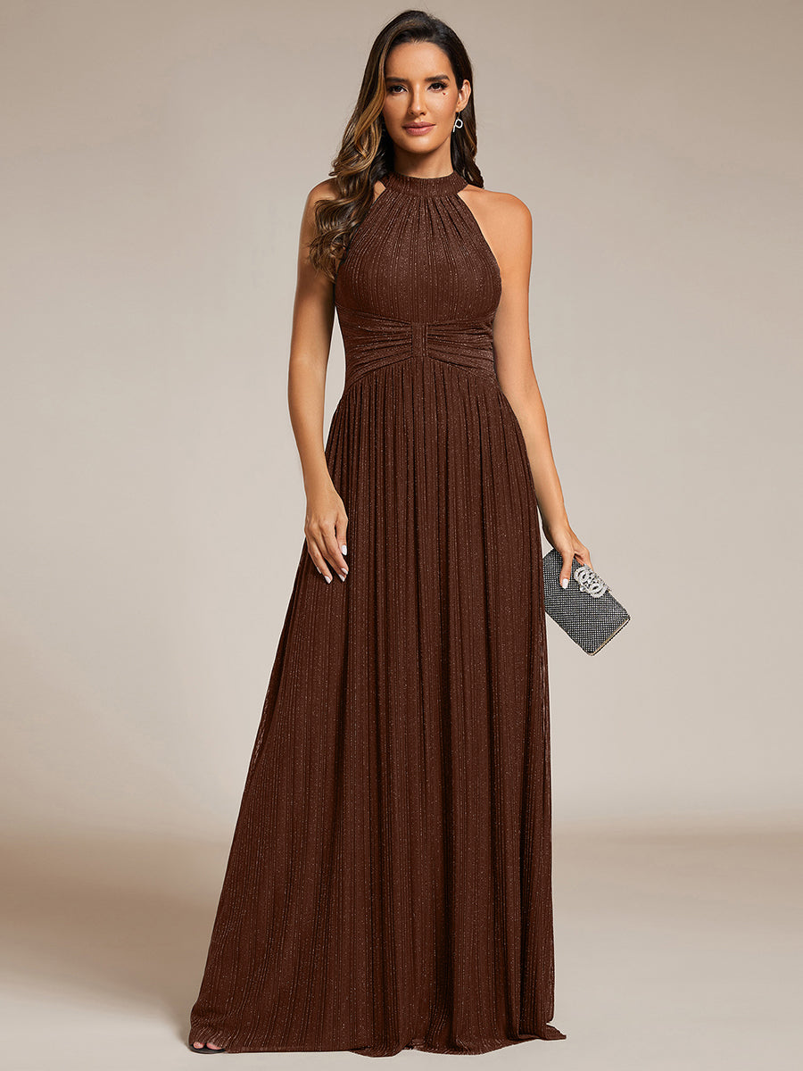 Halter Neck Pleated Glittery Formal Evening Dress with Empire Waist #color_Chocolate Brown