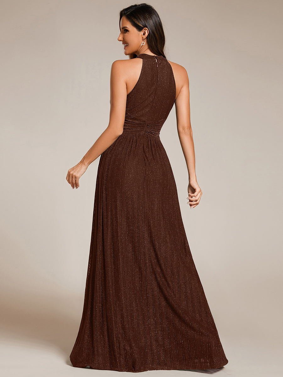 Halter Neck Pleated Glittery Formal Evening Dress with Empire Waist #color_Chocolate Brown