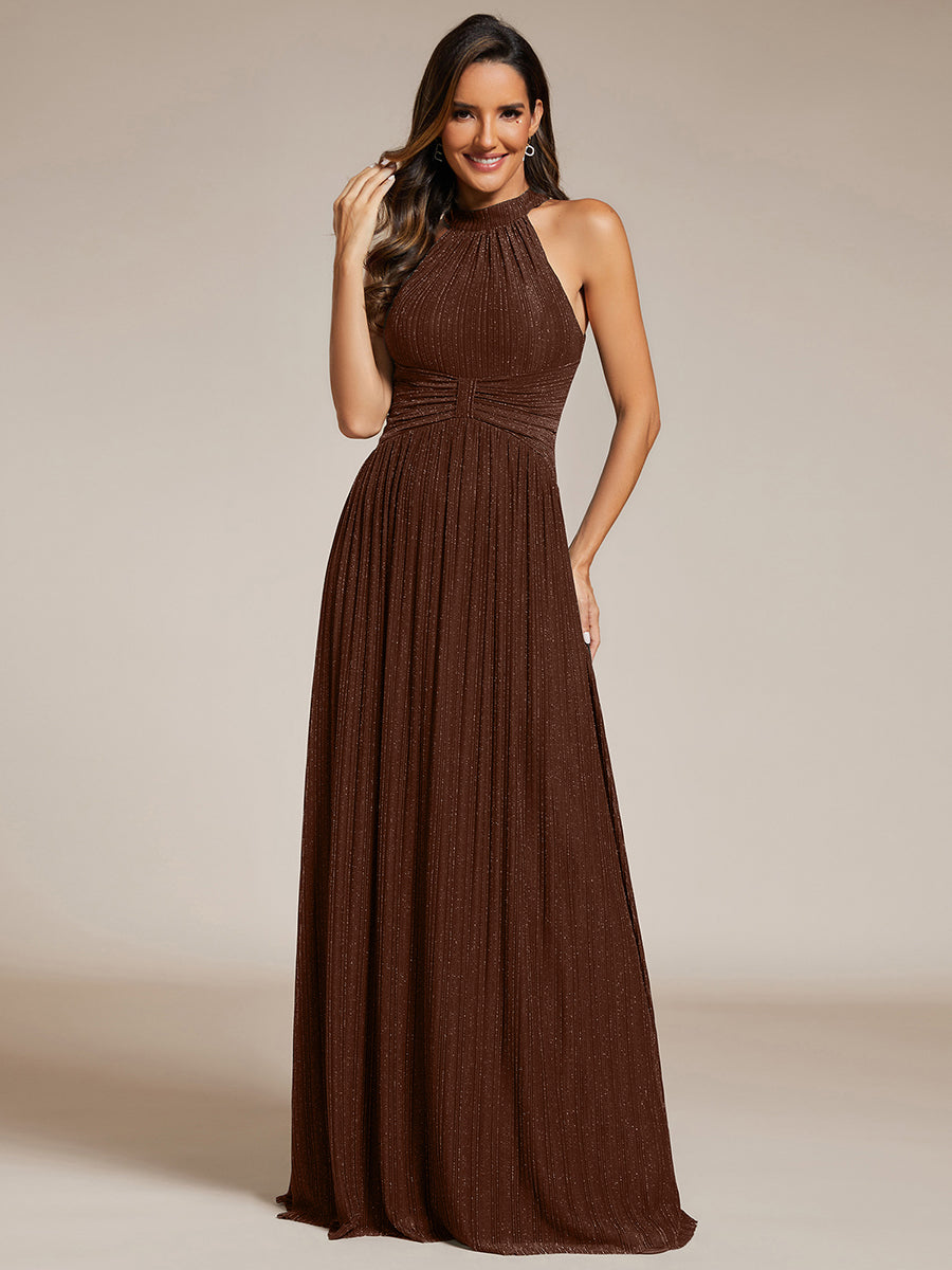 Halter Neck Pleated Glittery Formal Evening Dress with Empire Waist #color_Chocolate Brown