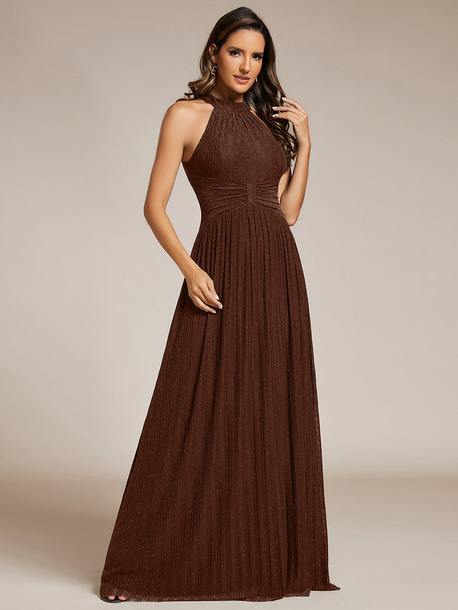 Halter Neck Pleated Glittery Formal Evening Dress with Empire Waist #color_Chocolate Brown