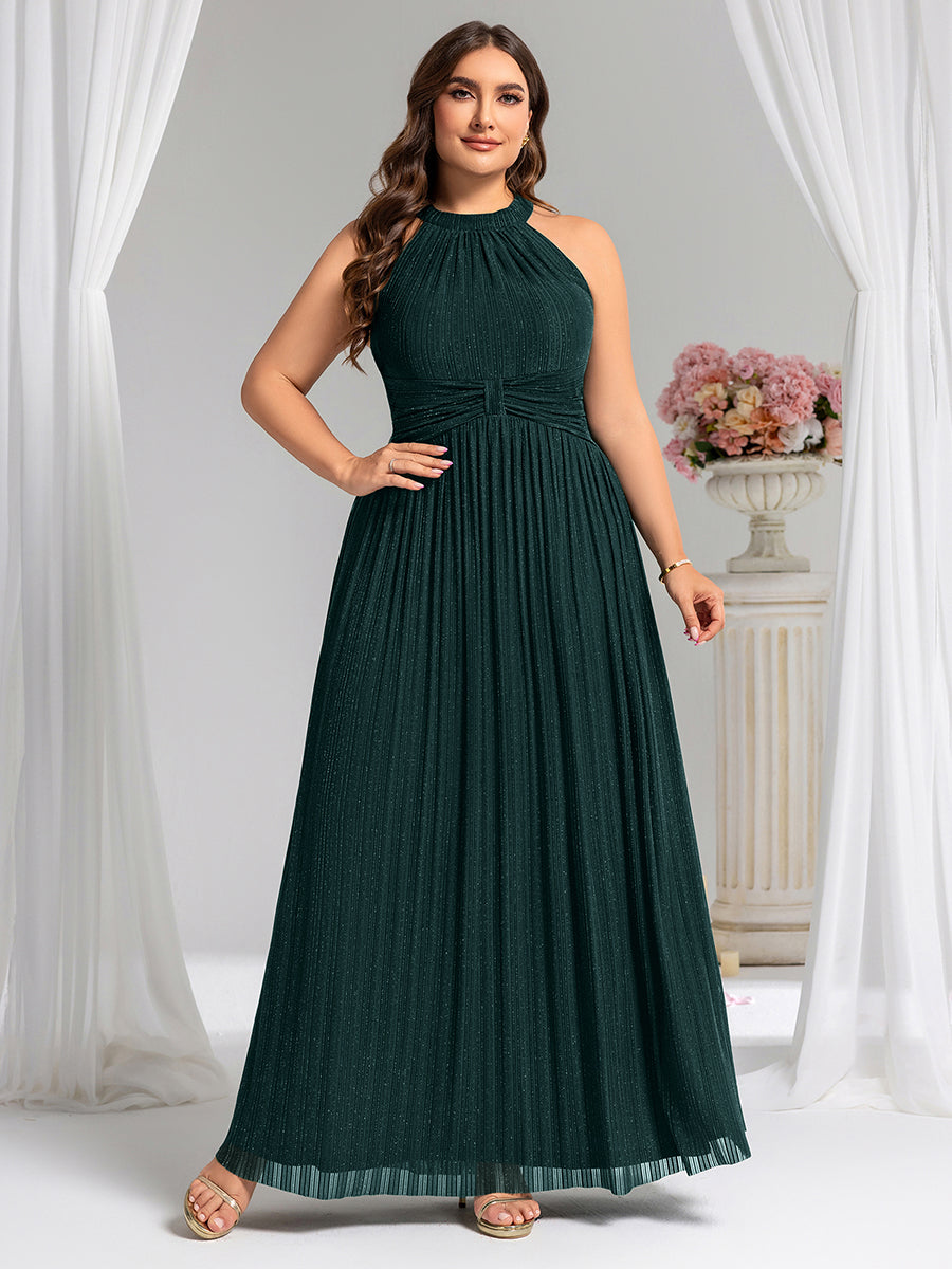 Plus Size Glittery Halter Neck Pleated Formal Evening Dress #color_Teal
