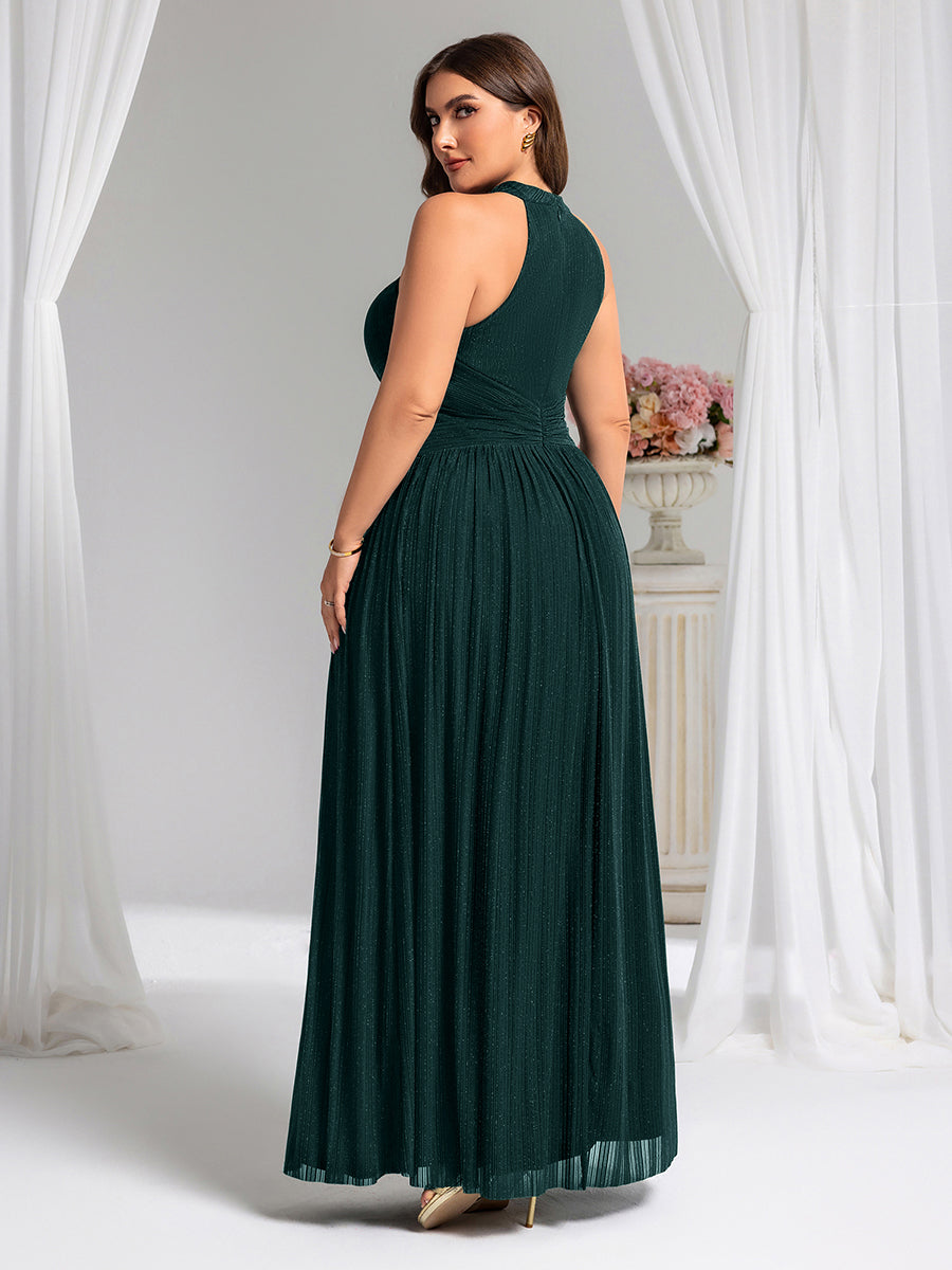 Halter Neck Pleated Glittery Formal Evening Dress with Empire Waist #color_Teal