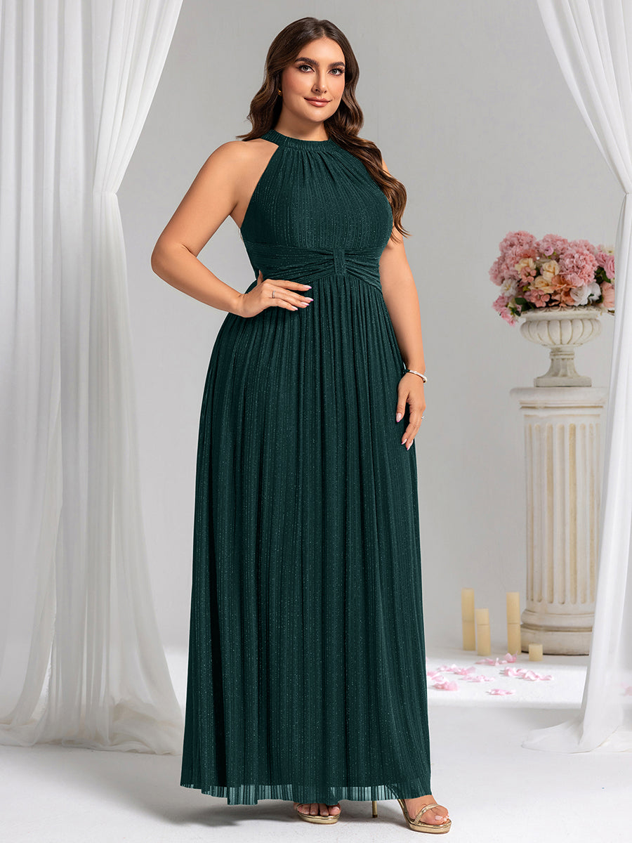 Halter Neck Pleated Glittery Formal Evening Dress with Empire Waist #color_Teal