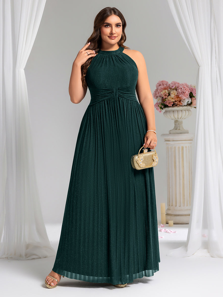 Halter Neck Pleated Glittery Formal Evening Dress with Empire Waist #color_Teal
