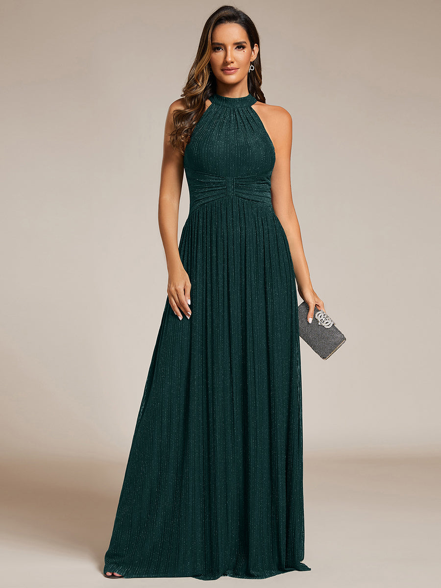Halter Neck Pleated Glittery Formal Evening Dress with Empire Waist #color_Teal