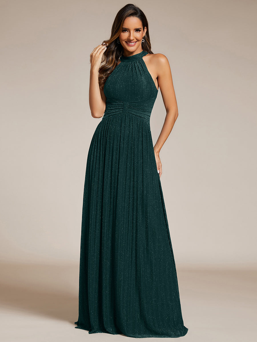 Halter Neck Pleated Glittery Formal Evening Dress with Empire Waist #color_Teal