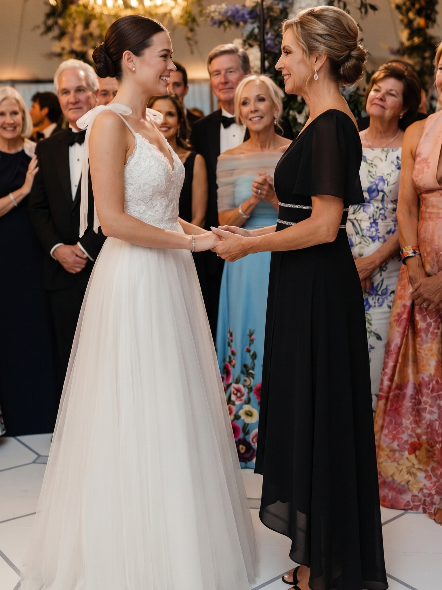 Double V-Neck Waist Trimmed Chiffon Mother of the Bride Dress #color_Black