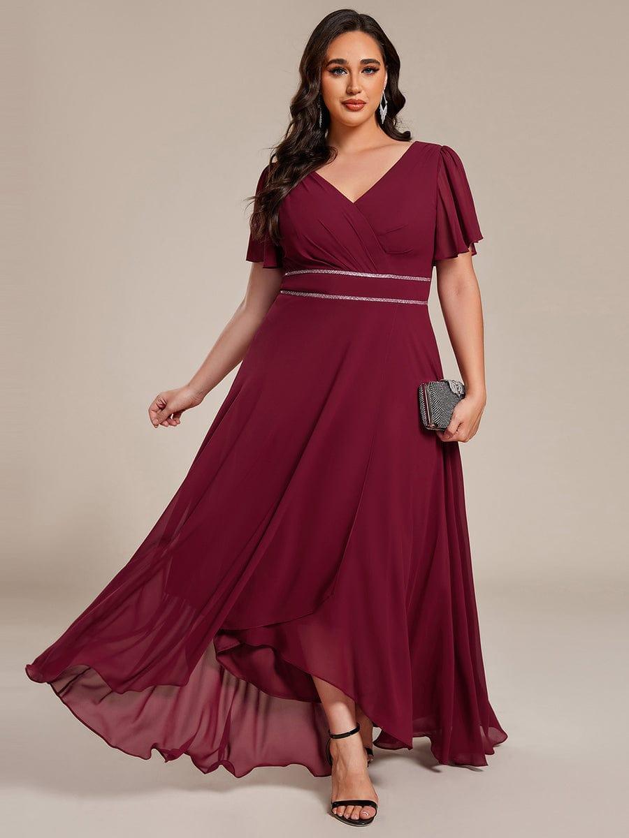 Double V-Neck Waist Trimmed Chiffon Mother of the Bride Dress #color_Burgundy