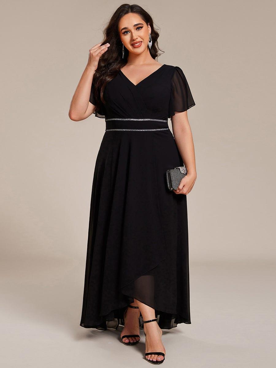 Double V-Neck Waist Trimmed Chiffon Formal Evening Dress #color_Black