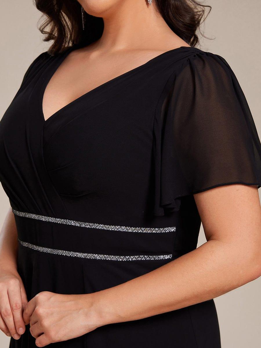 Double V-Neck Waist Trimmed Chiffon Formal Evening Dress #color_Black