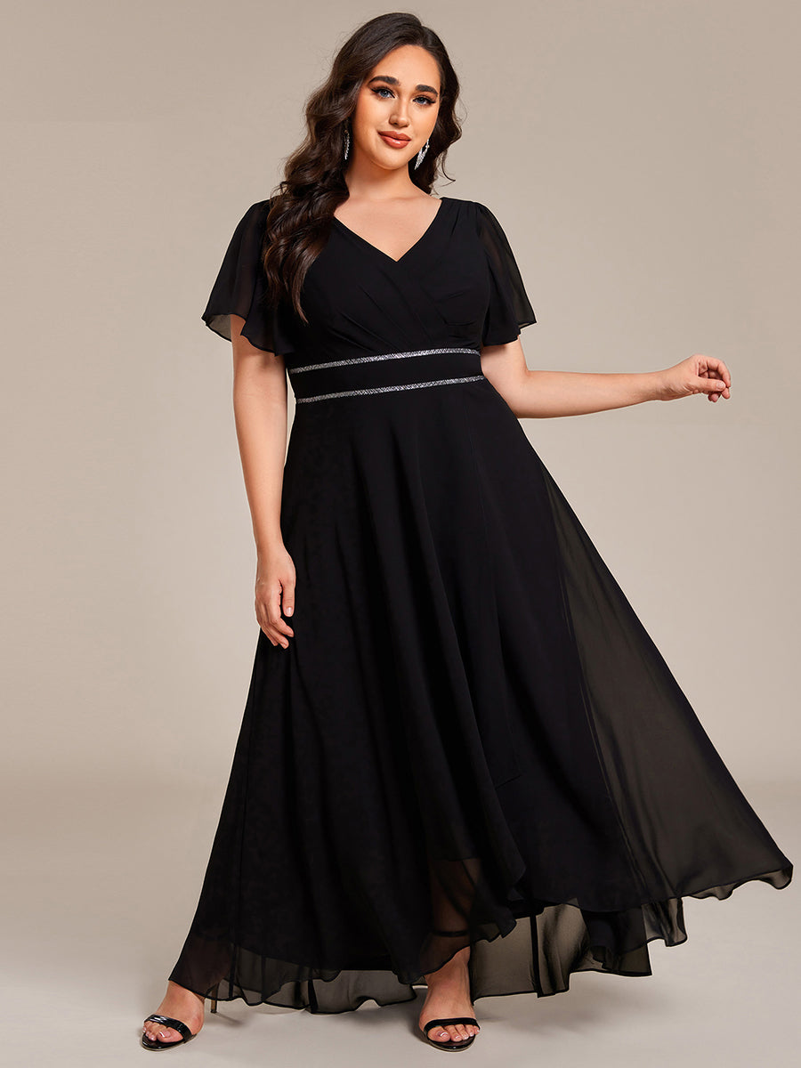 Double V-Neck Waist Trimmed Chiffon Formal Evening Dress #color_Black