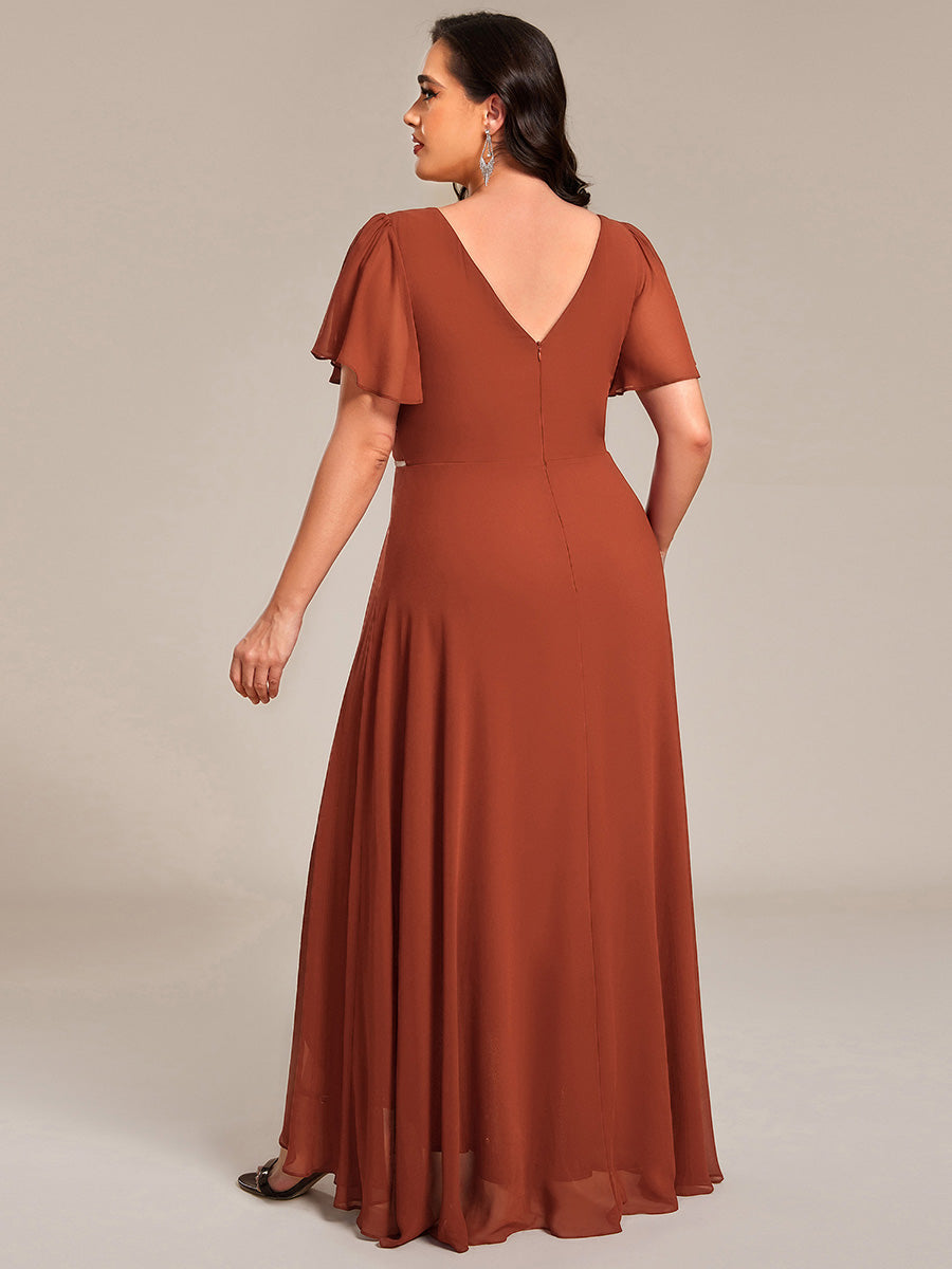 Double V-Neck Waist Trimmed Chiffon Mother of the Bride Dress #color_Burnt Orange