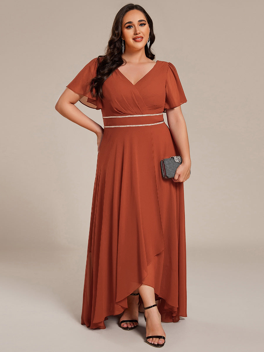 Plus Size V-Neck Rhinestone Waist Chiffon Maxi Formal Evening Dress #color_Burnt Orange