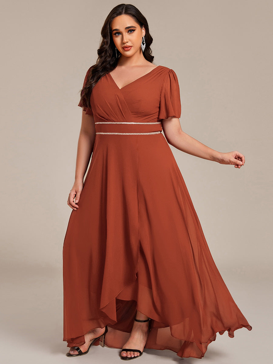 Double V-Neck Waist Trimmed Chiffon Formal Evening Dress #color_Burnt Orange