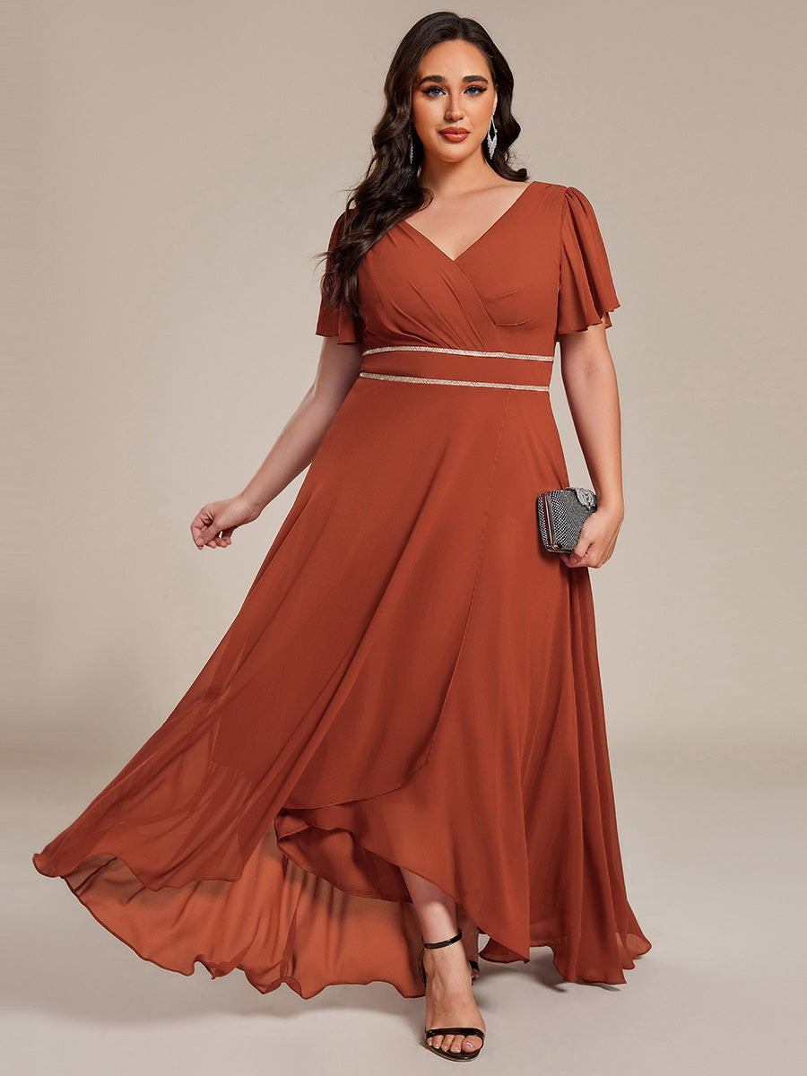 Double V-Neck Waist Trimmed Chiffon Formal Evening Dress #color_Burnt Orange