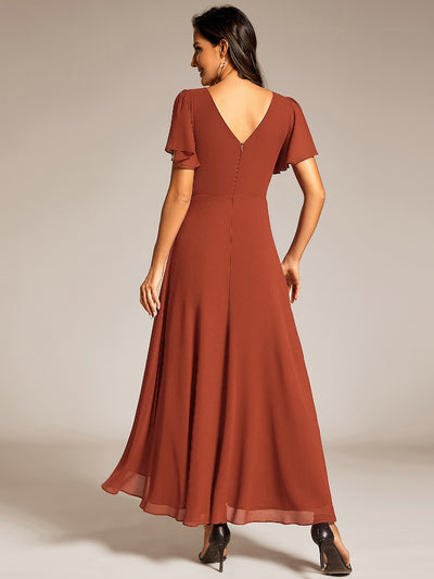 Double V-Neck Waist Trimmed Chiffon Formal Evening Dress #color_Burnt Orange
