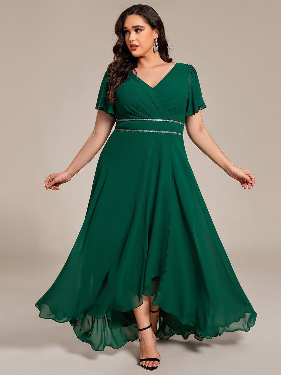 Double V-Neck Waist Trimmed Chiffon Formal Evening Dress #color_Dark Green