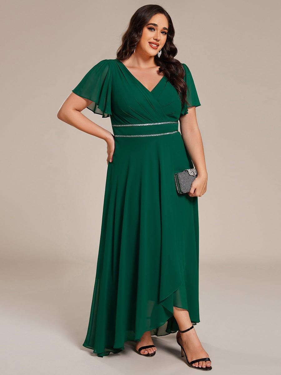 Double V-Neck Waist Trimmed Chiffon Formal Evening Dress #color_Dark Green