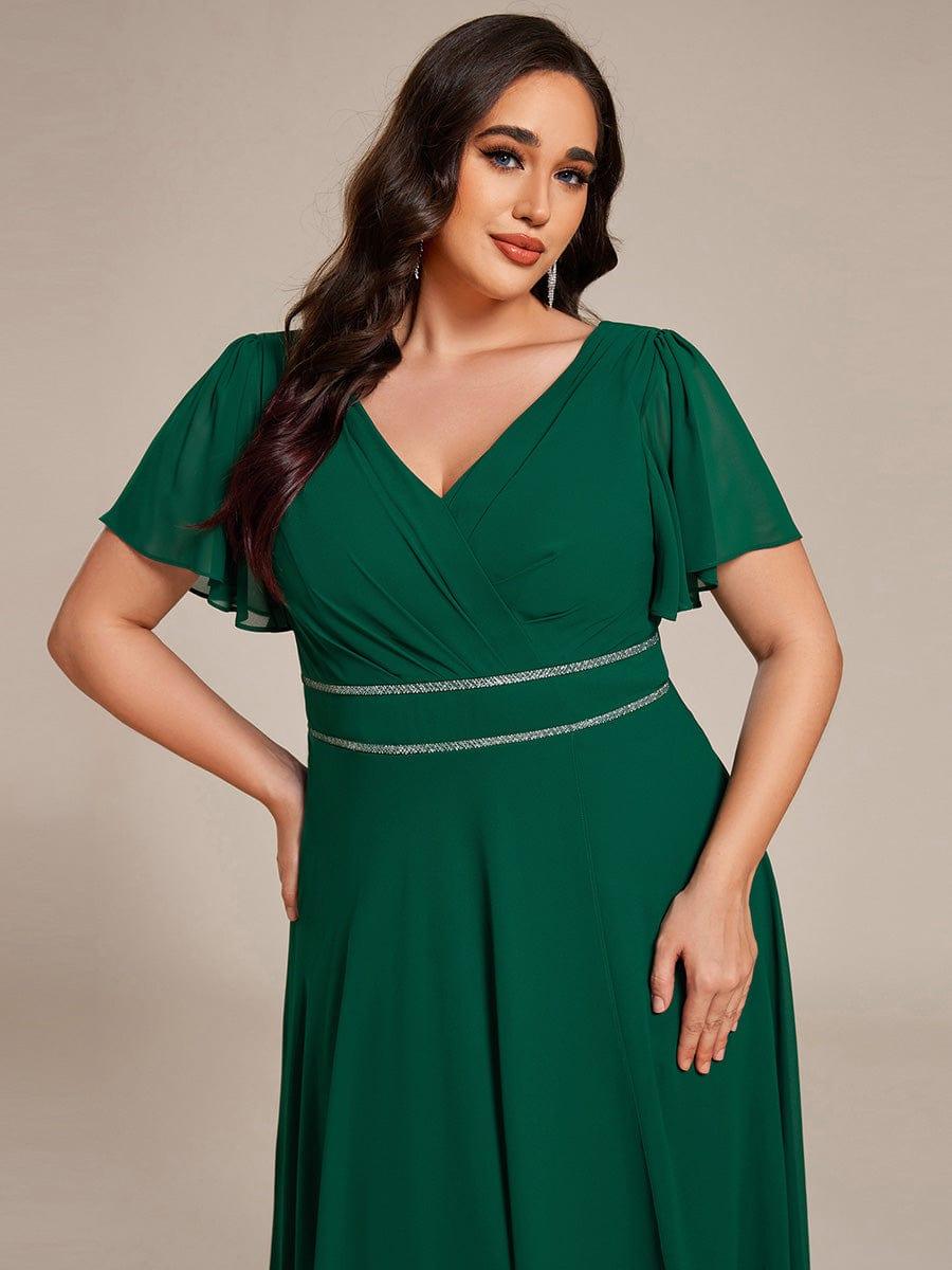 Double V-Neck Waist Trimmed Chiffon Formal Evening Dress #color_Dark Green