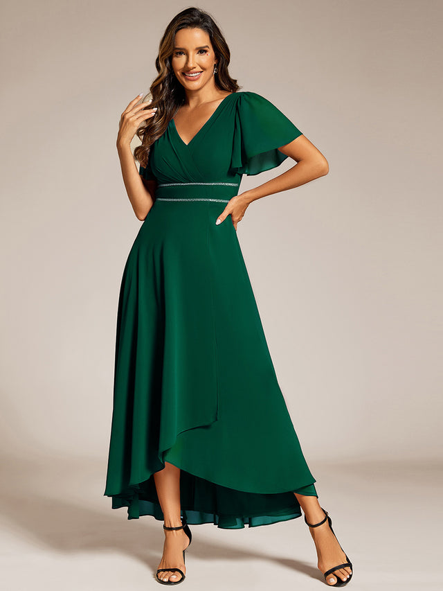Elegant A-Line V-Neck Waist Trimmed Chiffon Wedding Guest Dress