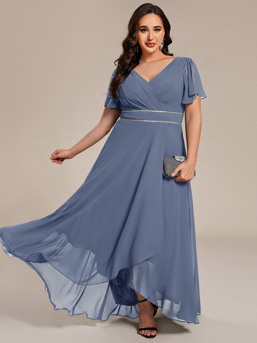 Plus Size V-Neck Rhinestone Waist Chiffon Maxi Formal Evening Dress #color_Dusty Blue