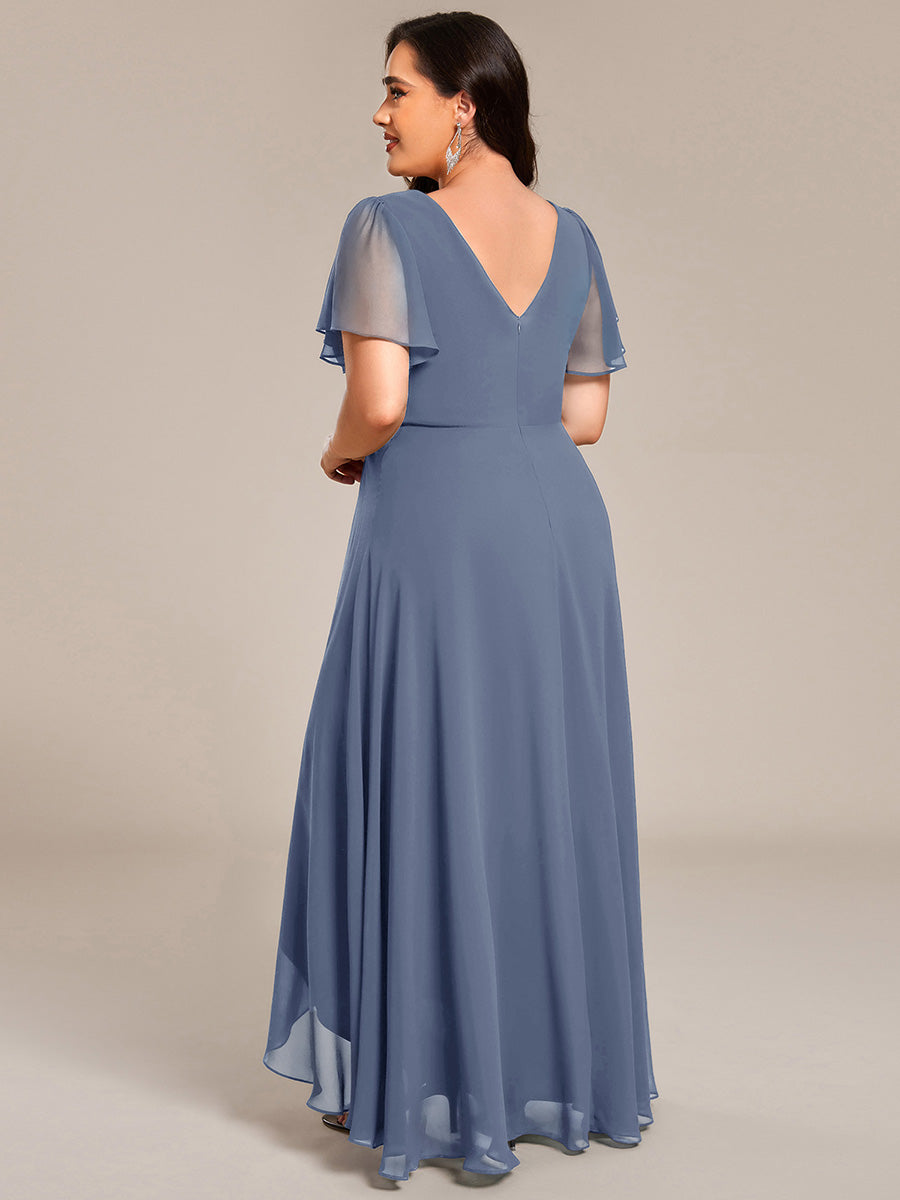 Double V-Neck Waist Trimmed Chiffon Formal Evening Dress #color_Dusty Blue