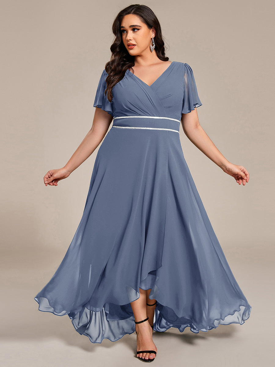 Double V-Neck Waist Trimmed Chiffon Formal Evening Dress #color_Dusty Blue