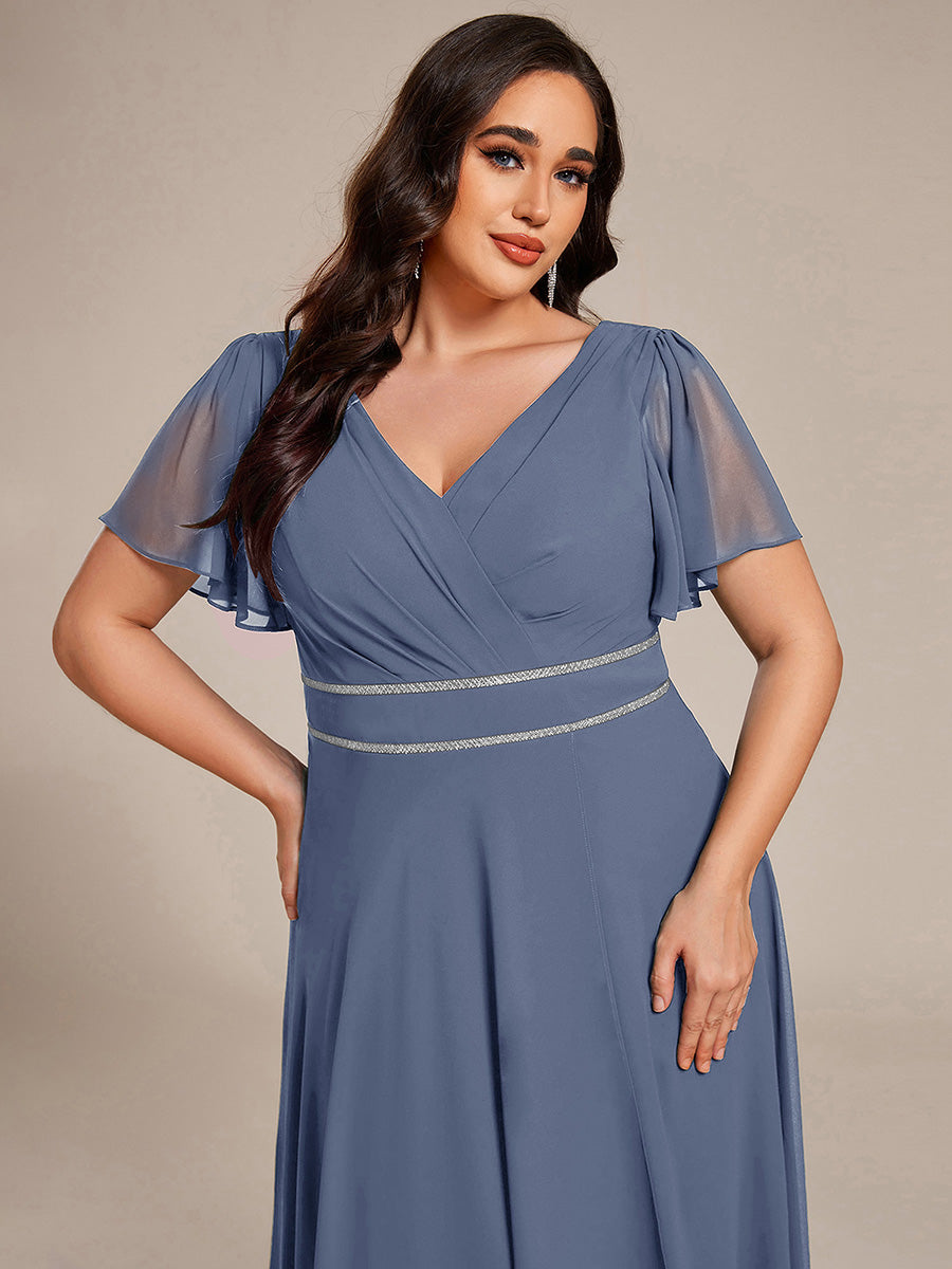 Double V-Neck Waist Trimmed Chiffon Formal Evening Dress #color_Dusty Blue