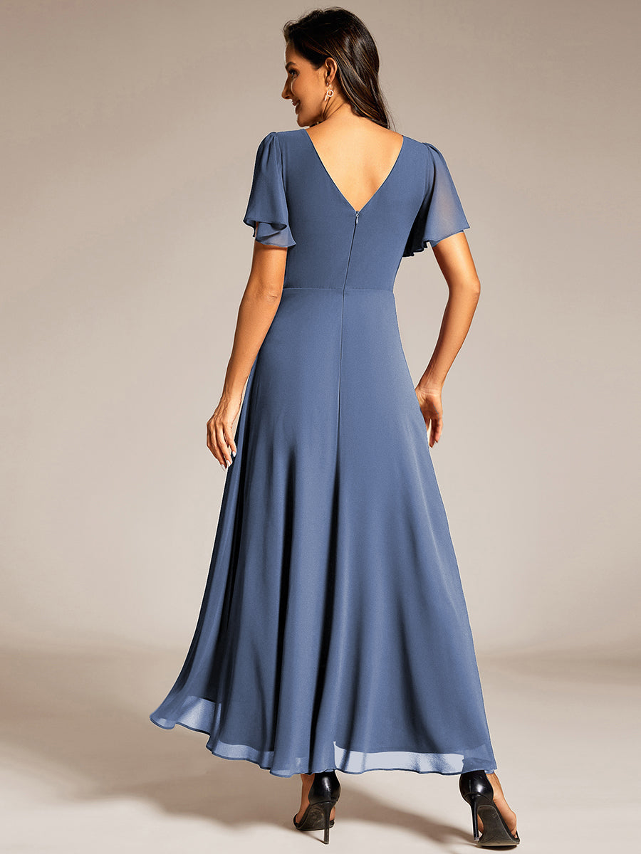 Double V-Neck Waist Trimmed Chiffon Mother of the Bride Dress #color_Dusty Blue