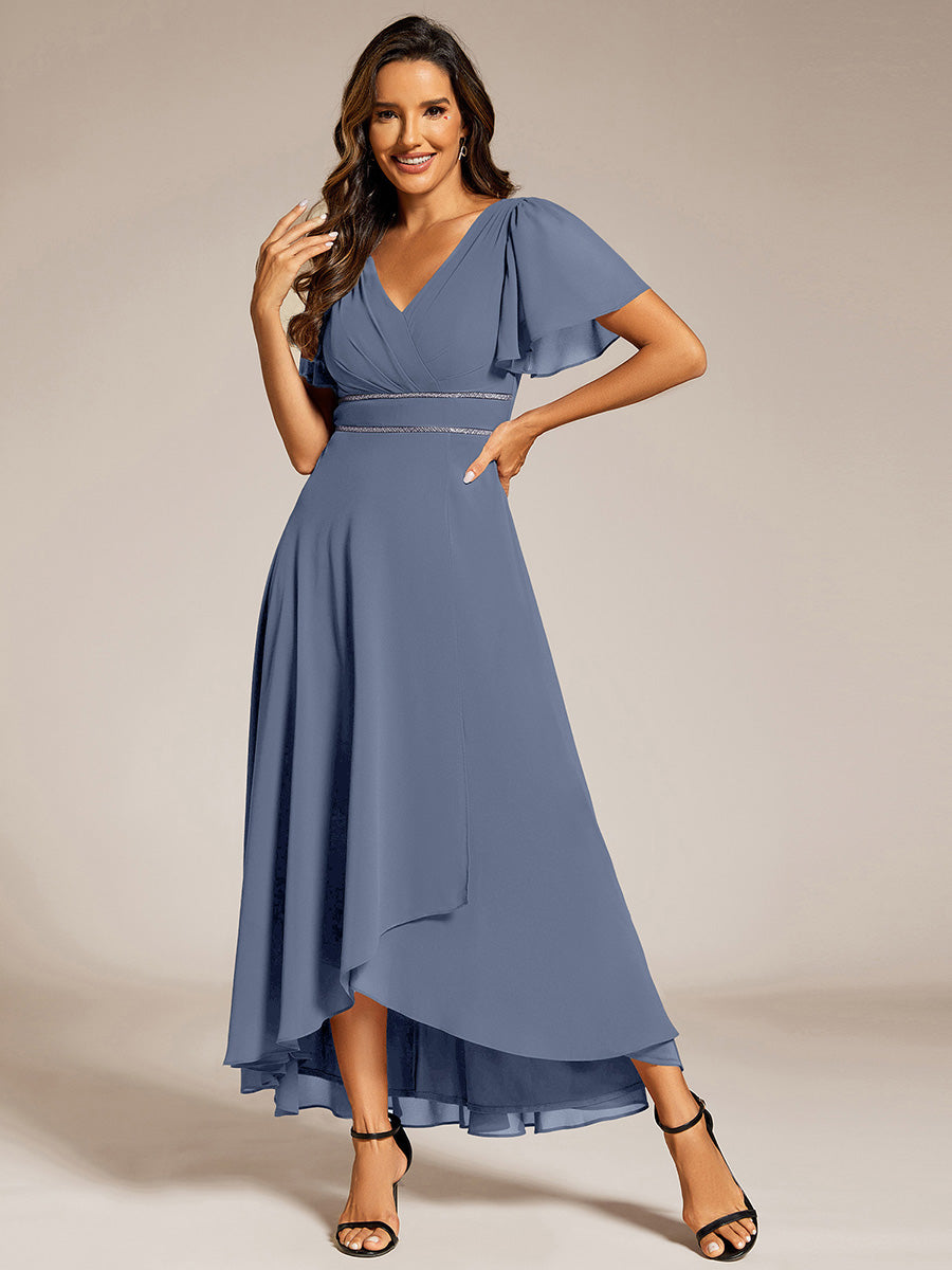 Double V-Neck Waist Trimmed Chiffon Formal Evening Dress #color_Dusty Blue