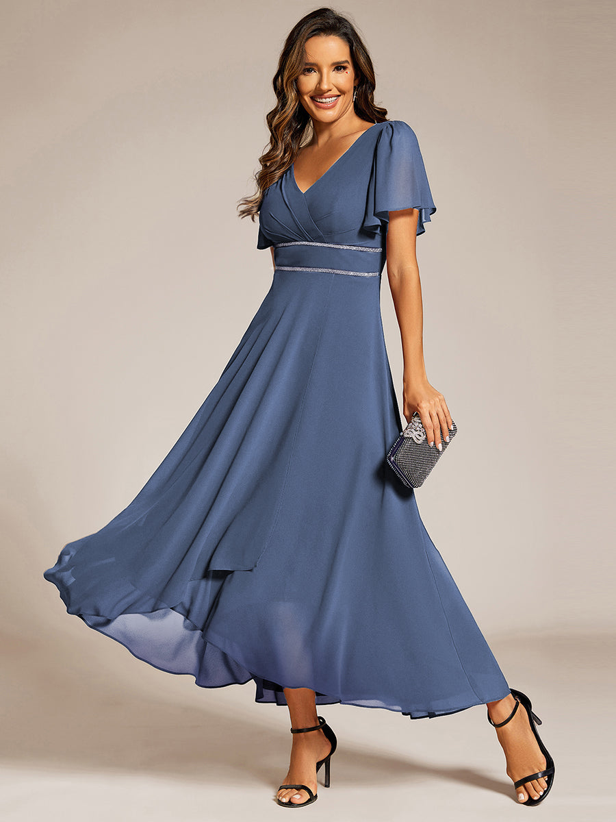 Double V-Neck Waist Trimmed Chiffon Mother of the Bride Dress #color_Dusty Blue
