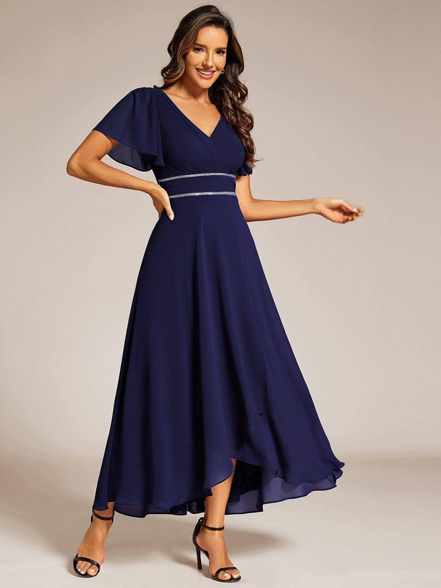 Double V-Neck Waist Trimmed Chiffon Formal Evening Dress #color_Navy Blue