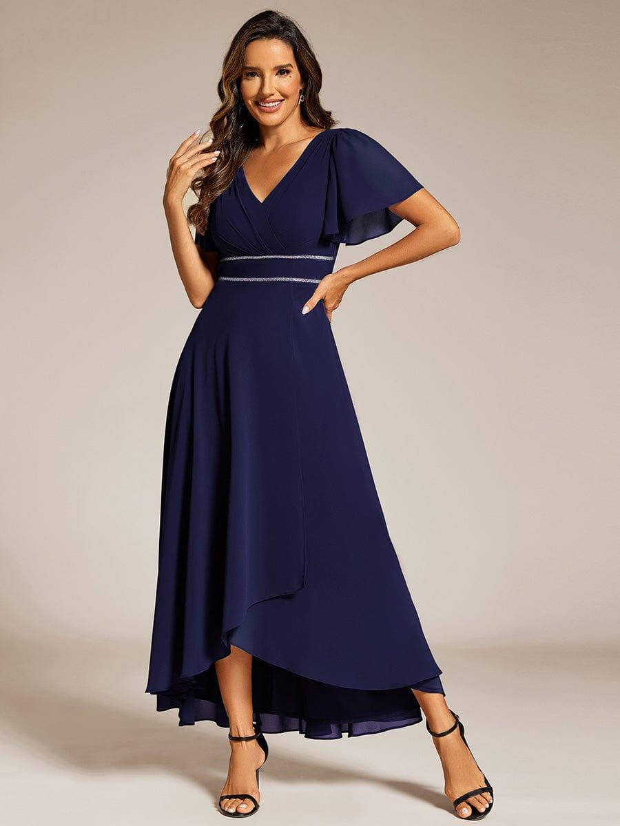 Double V-Neck Waist Trimmed Chiffon Formal Evening Dress #color_Navy Blue