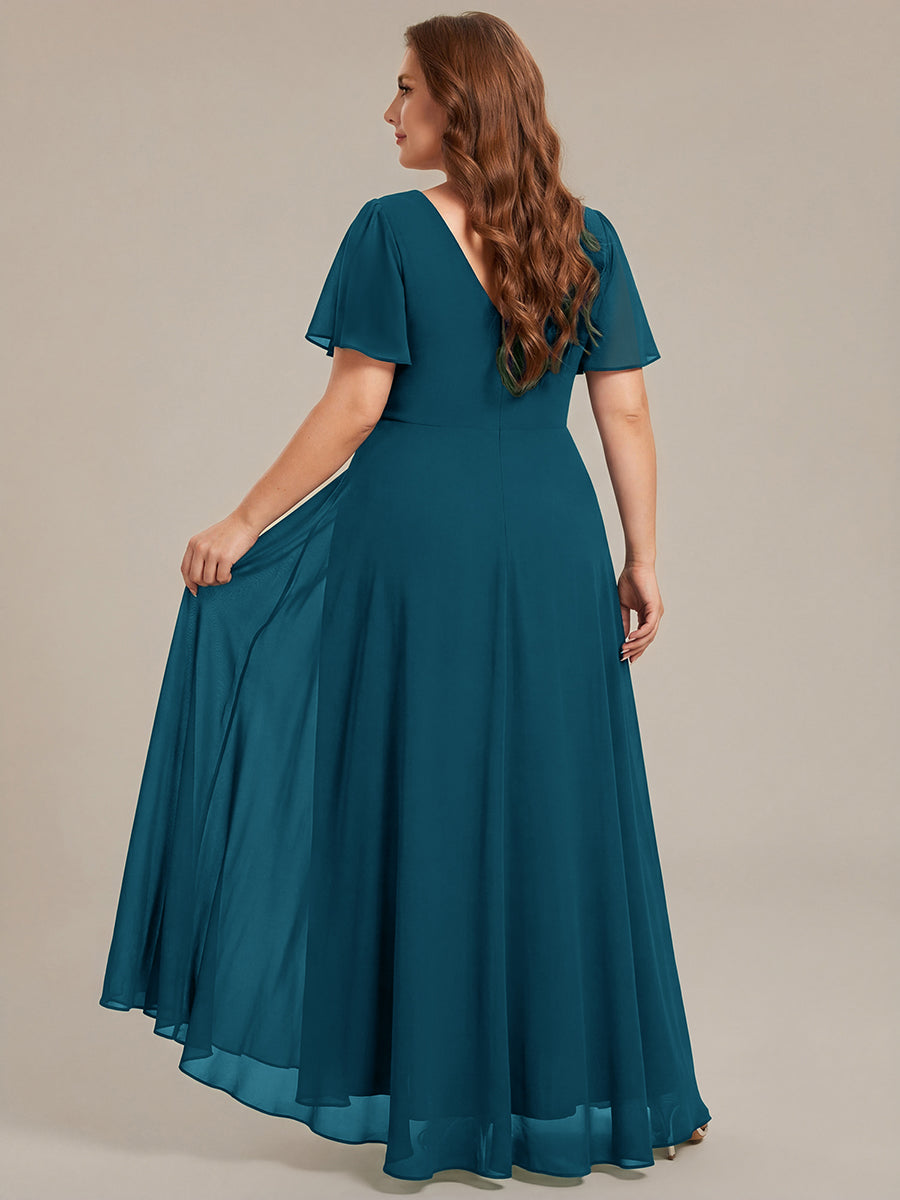 Double V-Neck Waist Trimmed Chiffon Formal Evening Dress #color_Teal Blue