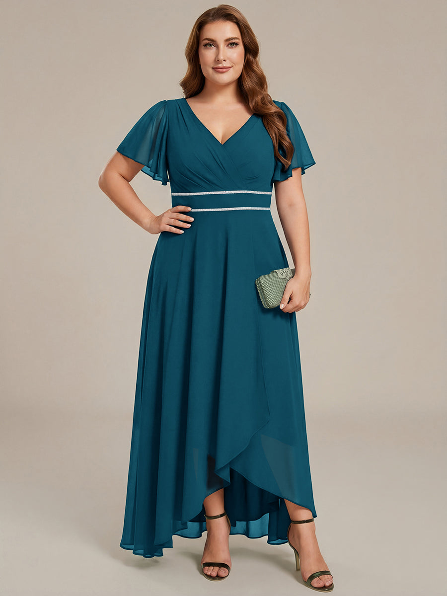 Double V-Neck Waist Trimmed Chiffon Formal Evening Dress #color_Teal Blue