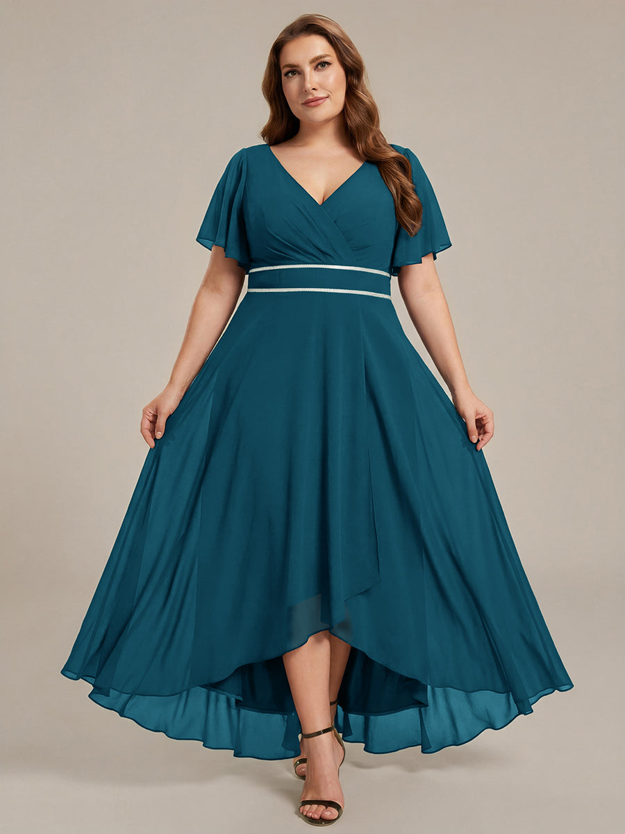 High-Low Flowy Chiffon Wedding Guest Dress #color_Teal Blue