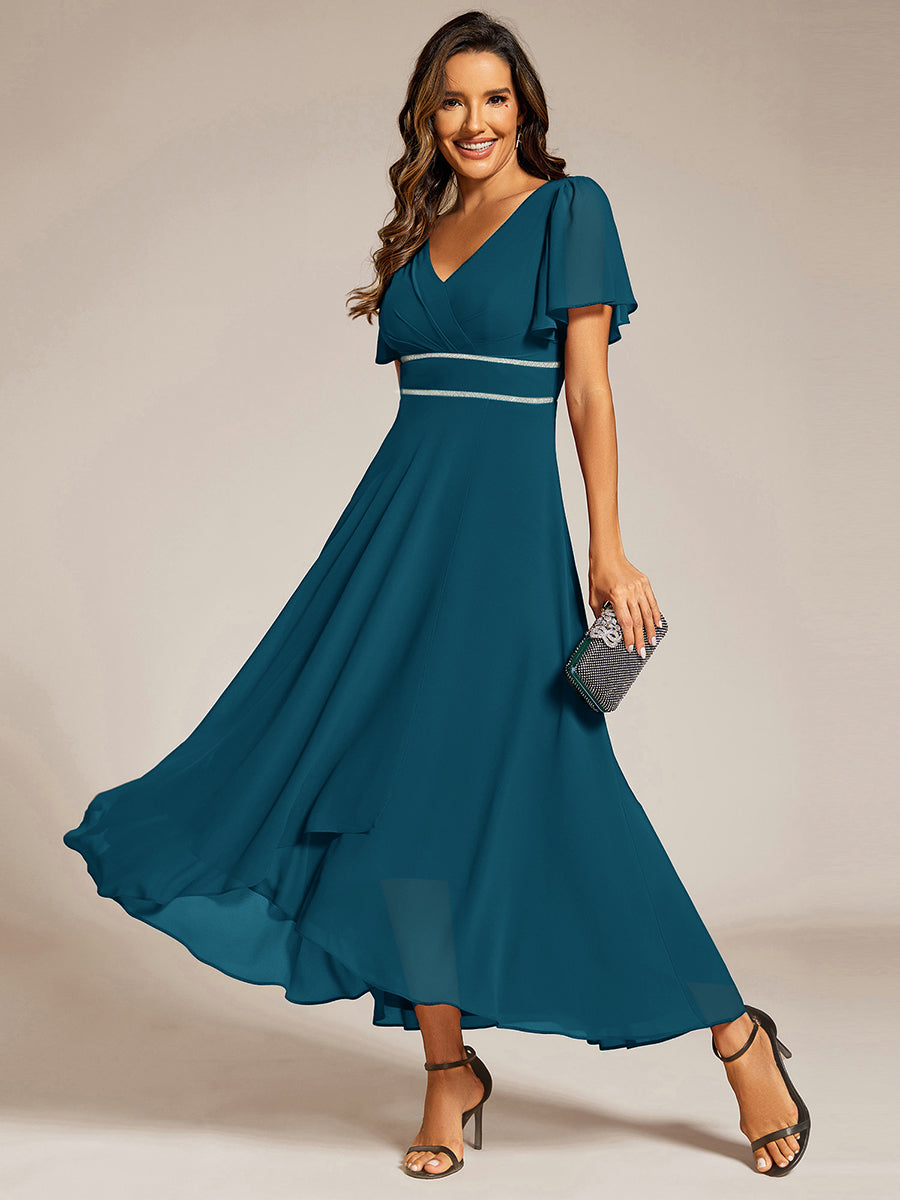 Double V-Neck Waist Trimmed Chiffon Formal Evening Dress #color_Teal Blue