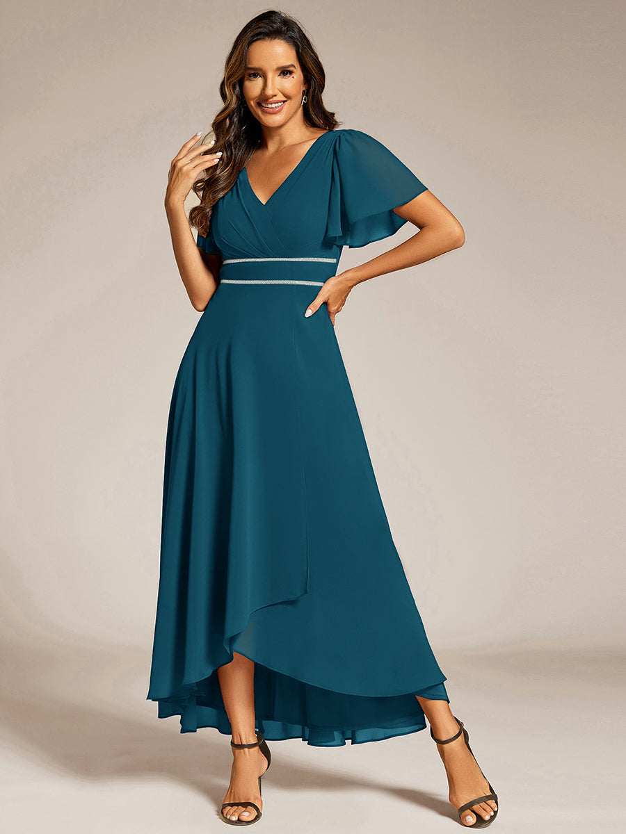 Double V-Neck Waist Trimmed Chiffon Formal Evening Dress #color_Teal Blue