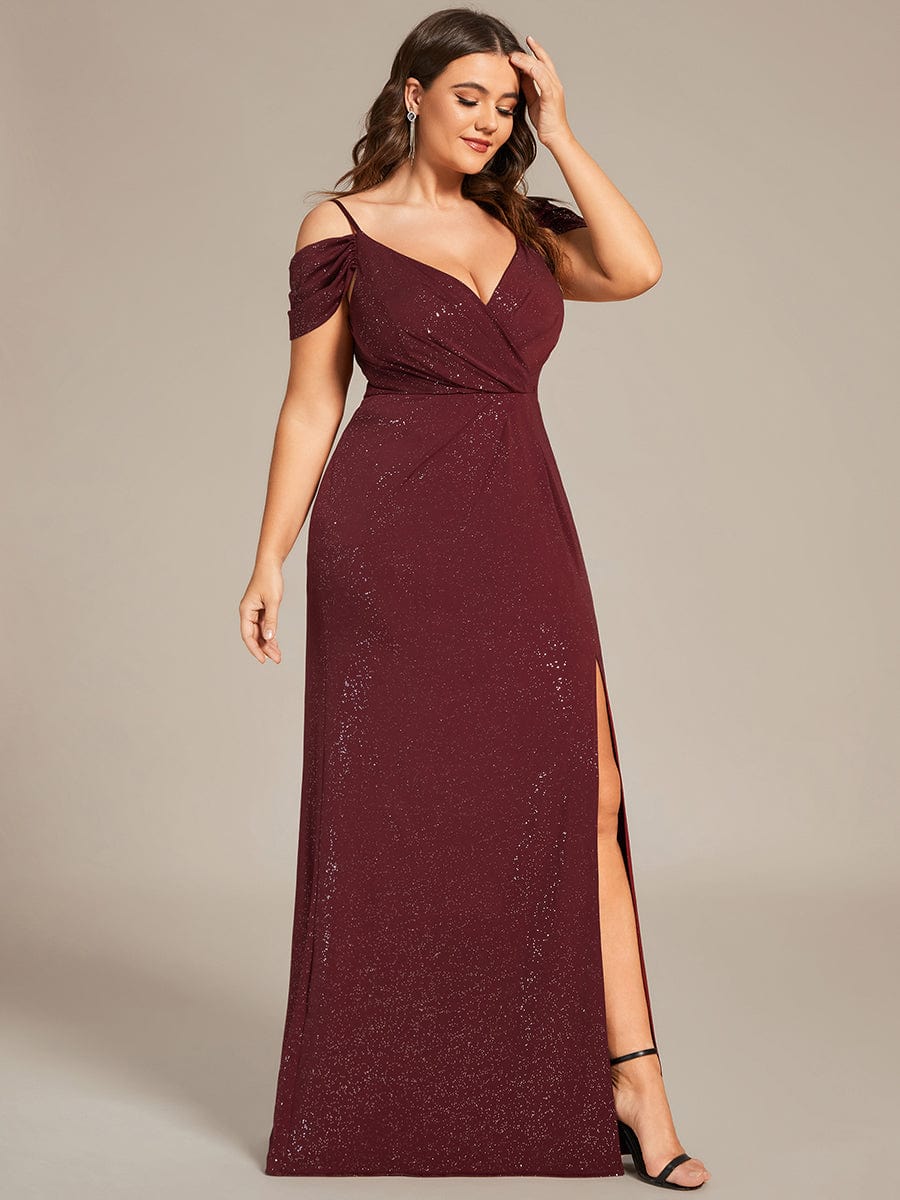 Plus Size V-Neck Cold Shoulder Floor-Length Evening Dress #color_Burgundy