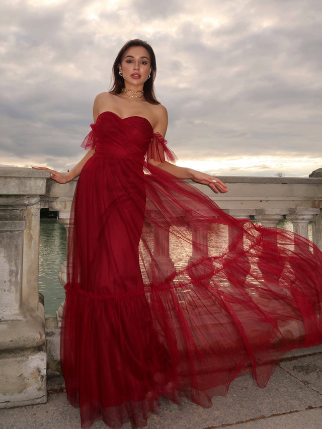 ever LUCIE|Off-Shoulder Sweetheart Double Layer Pleated Bridesmaid Dress Fan Photos 26
