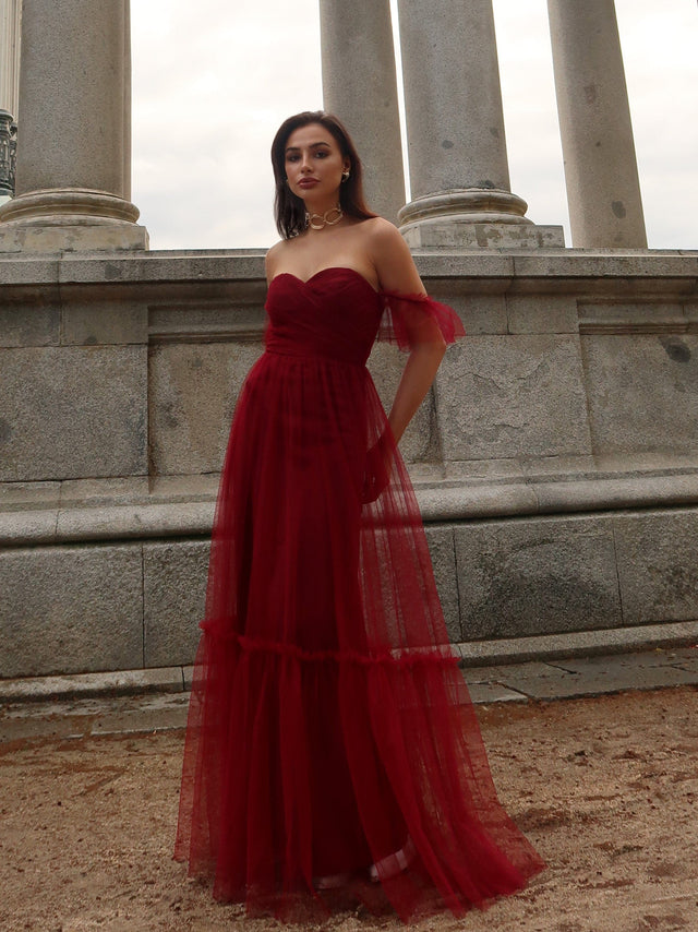 ever LUCIE|Off-Shoulder Sweetheart Double Layer Pleated Bridesmaid Dress Fan Photos 10
