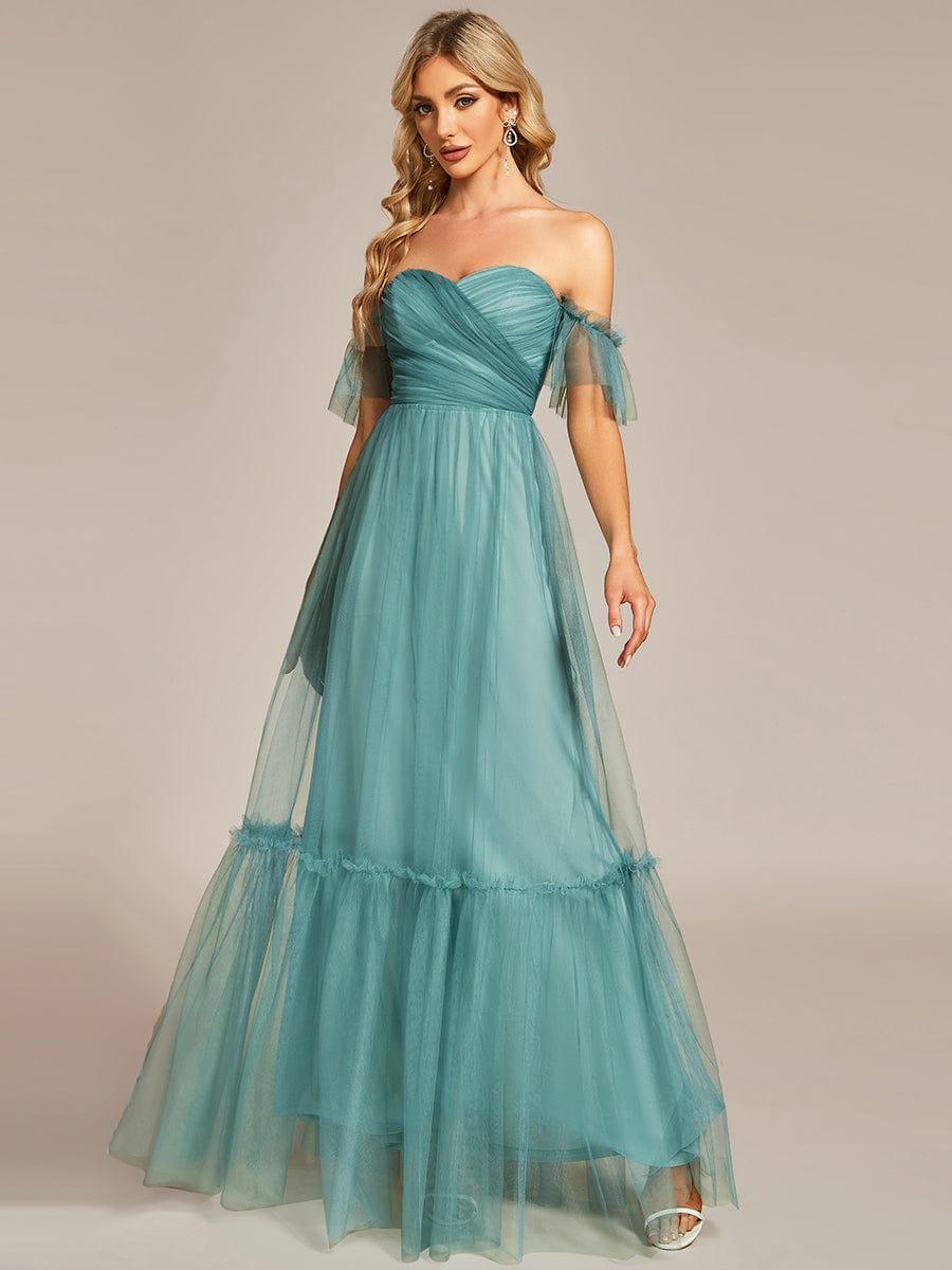 Custom Size Off-Shoulder Sweetheart Double Layer Pleated Evening Dress #color_Light Teal