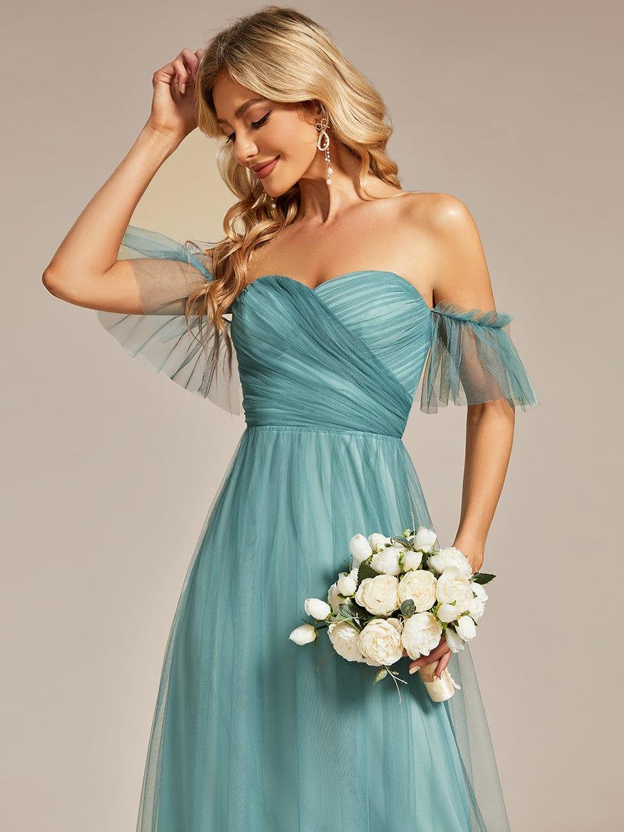 Custom Size Off-Shoulder Sweetheart Double Layer Pleated Evening Dress #color_Light Teal