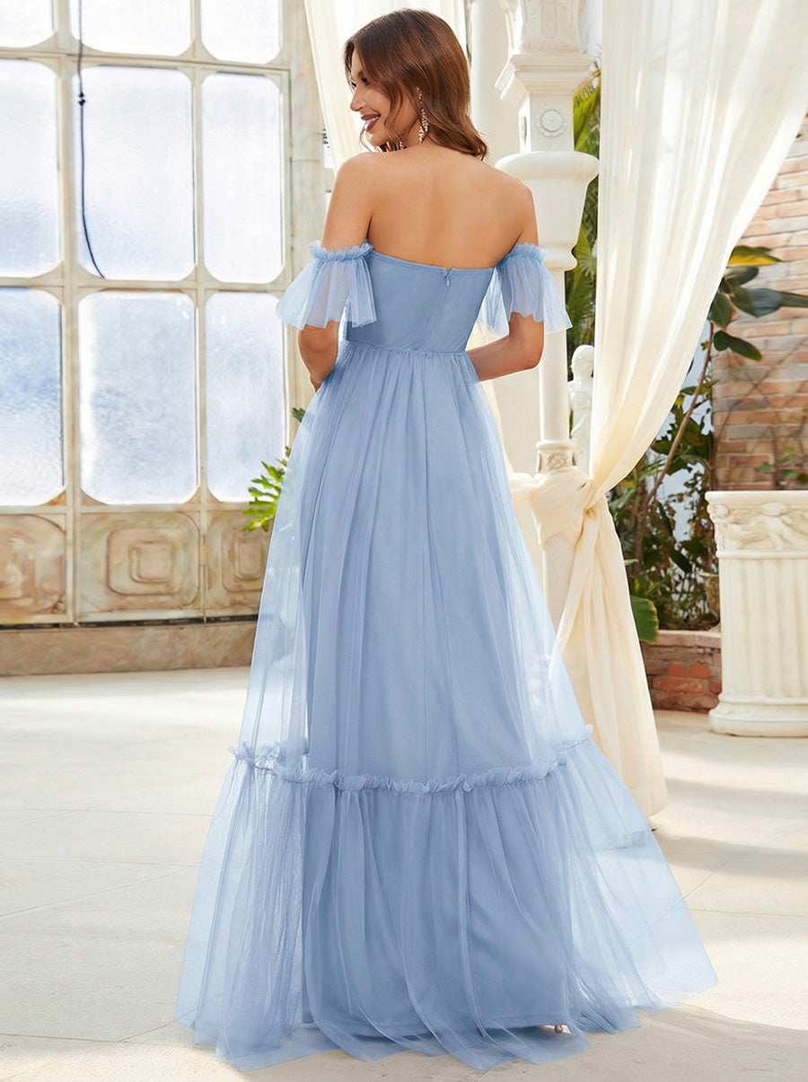 Off-Shoulder Sweetheart Double Layer Pleated Evening Dress #color_Ice Blue