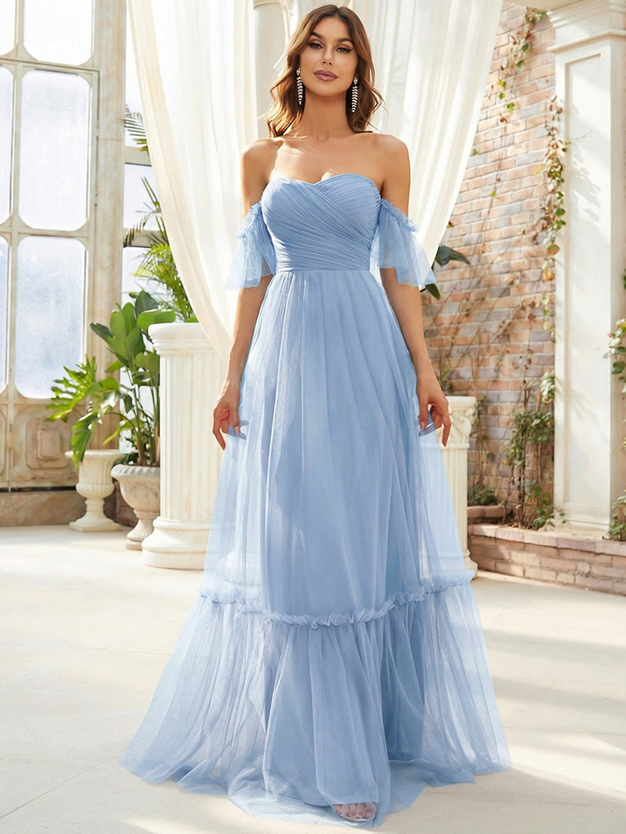 Off-Shoulder Sweetheart Double Layer Pleated Bridesmaid Dress