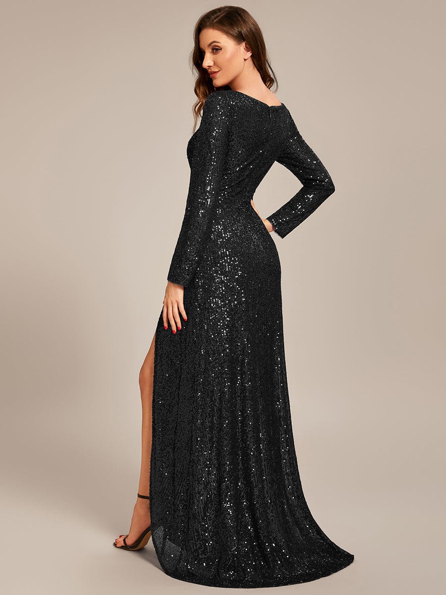 Sequin Long Sleeve V-neck Asymmetrical Hem Evening Dress #color_Black