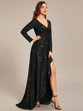 Sequin Long Sleeve V-neck Asymmetrical Hem Evening Dress #color_Black