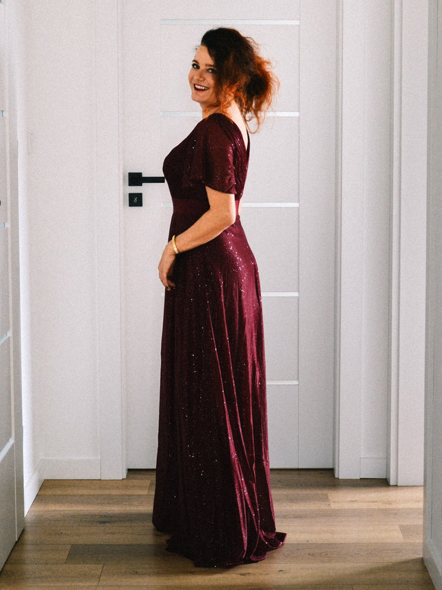 ever LIORÉ|Sparkling Short Sleeve V-Neck Ribbon Waist A-Line Evening Dress Fan Photos 5
