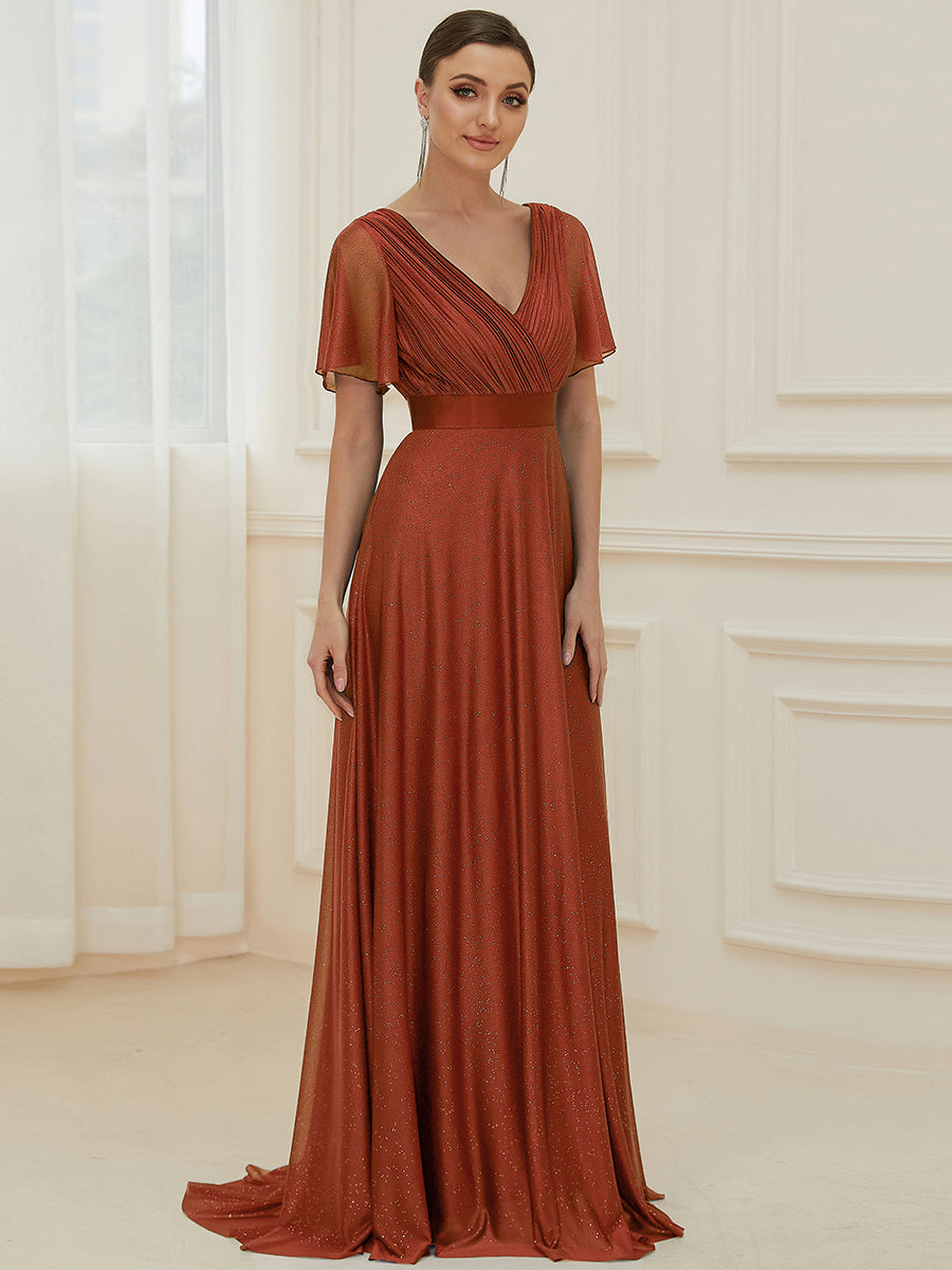 Sparkling Short Sleeve V-Neck Ribbon Waist A-Line Evening Dress #color_Burnt Orange